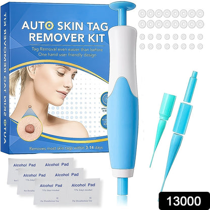 Blue and white skin tag remover kit with alcohol pads and two sizes of bands on a white background.