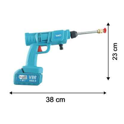 A teal wireless pressure washer with a nozzle, showing dimensions of 38 cm length and 23 cm height against a white
