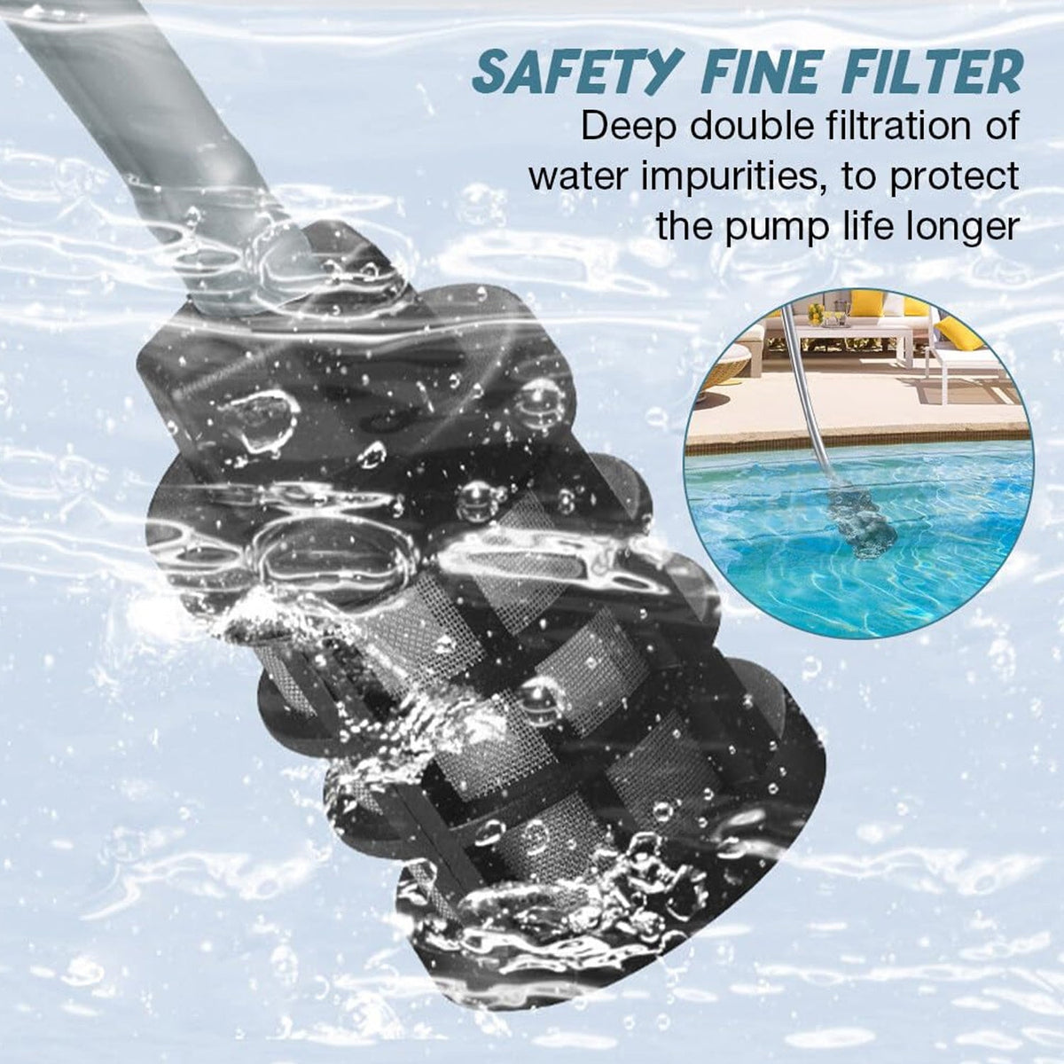 A close-up of a black safety fine filter submerged in water with bubbles, and a small inset showing it in use in a swimming