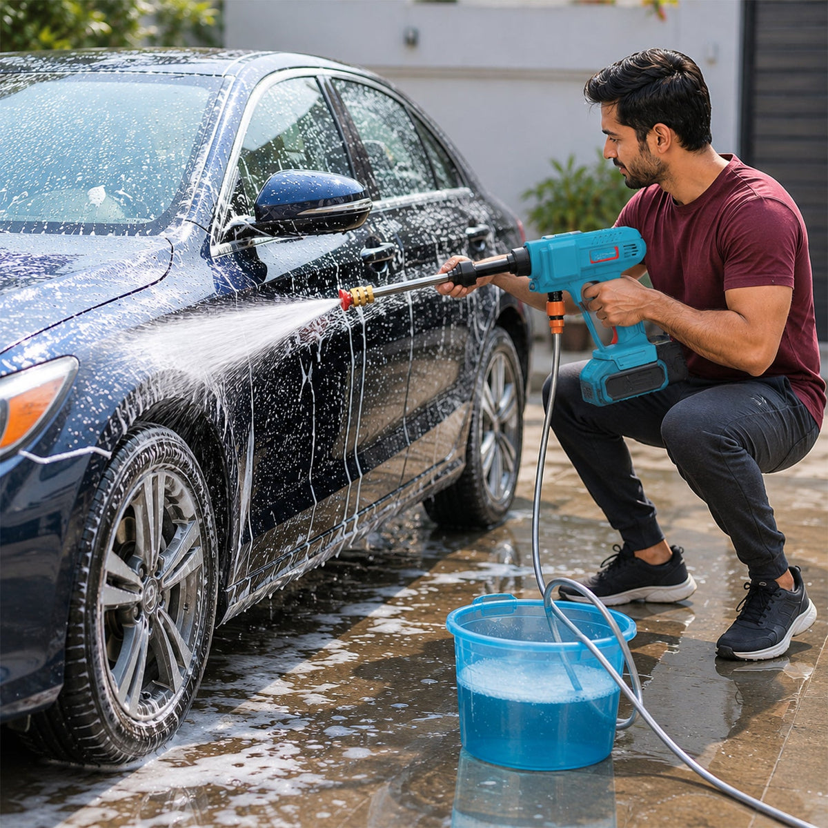 A man in a red shirt and dark pants washes a blue car with a teal and black wireless pressure washer, creating – view 8