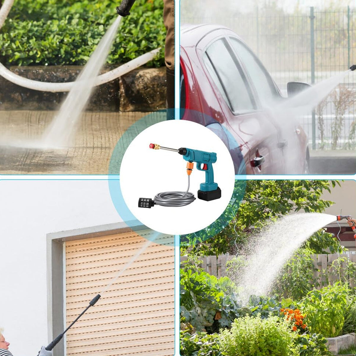 A four-panel image showing the pressure washer cleaning a patio, a car, a garage door, and watering a garden, with the