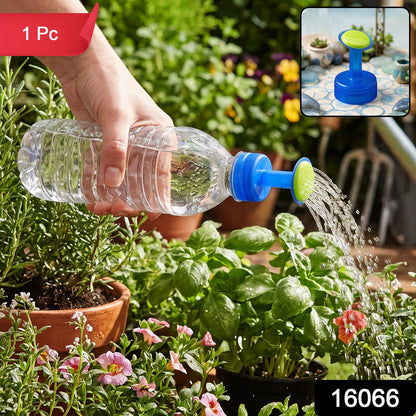 A hand holds a clear plastic bottle with a blue and green sprinkler cap, watering plants, with a small inset showing the cap.