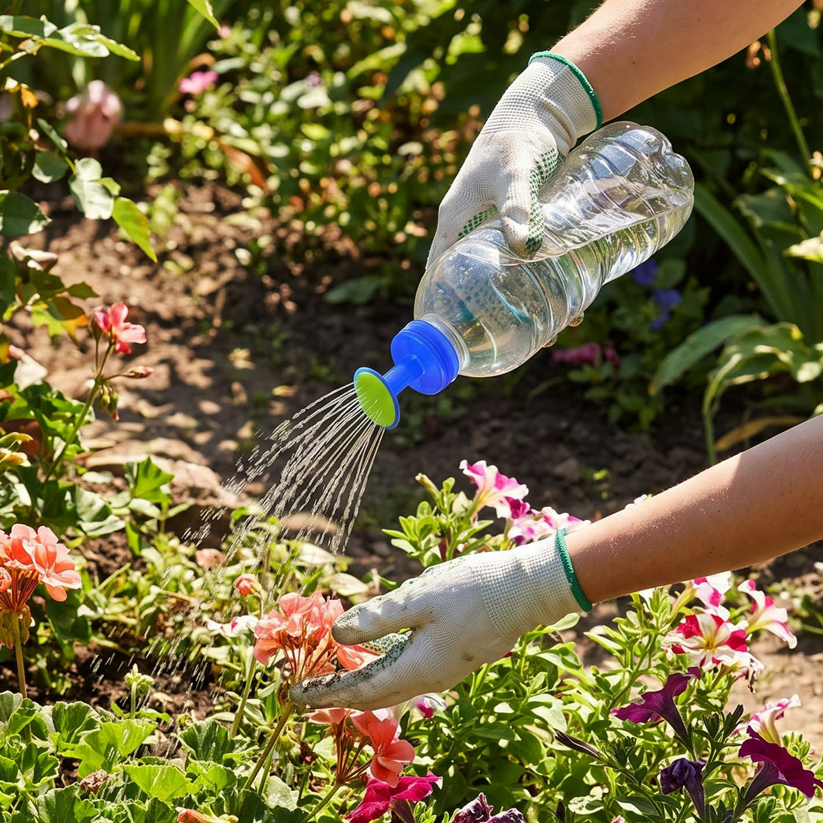 Gloved hands hold a clear plastic bottle with a blue and green sprinkler cap, watering pink flowers in a garden.
