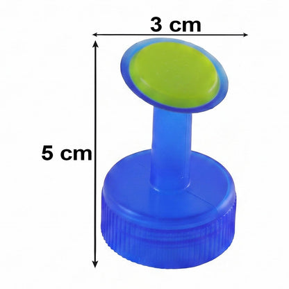 A blue and green plastic sprinkler cap is shown with measurements indicating 5 cm height and 3 cm width.