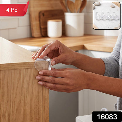 A person's hands applying a clear corner protector to a wooden table, with a small inset showing four protectors.