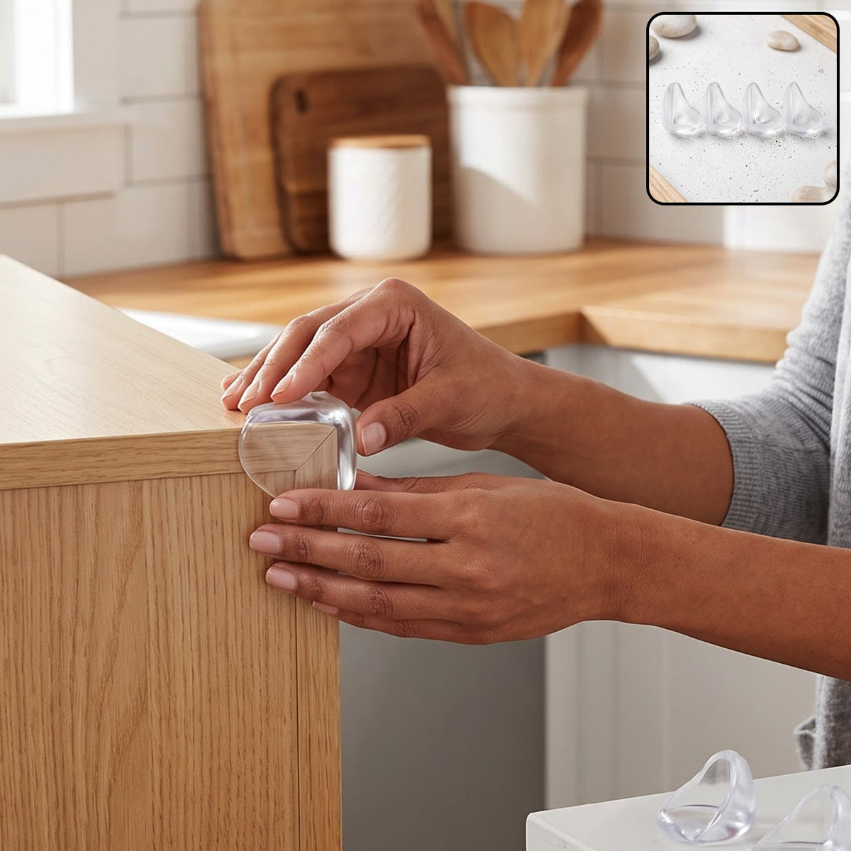 A person's hands applying a clear, rounded corner protector to a light wood table edge in a kitchen. – view 7