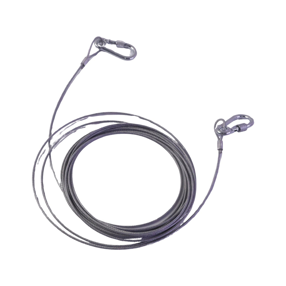 A coiled silver wire rope with two attached locking hooks on a white background.