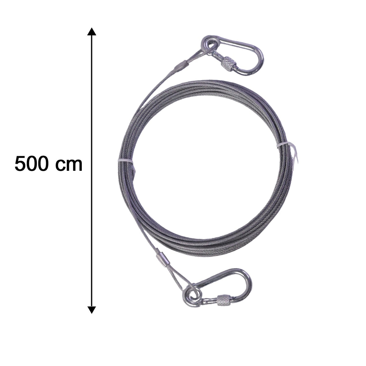 A coiled silver wire rope with two attached locking hooks on a white background, with a vertical arrow and "500 cm"