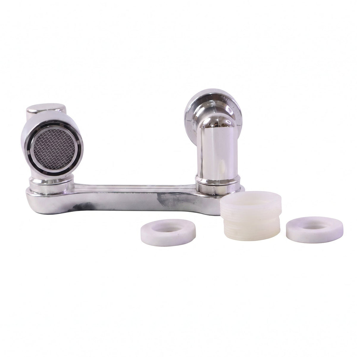 The chrome swivel faucet aerator displayed with three white plastic washers on a plain white background.