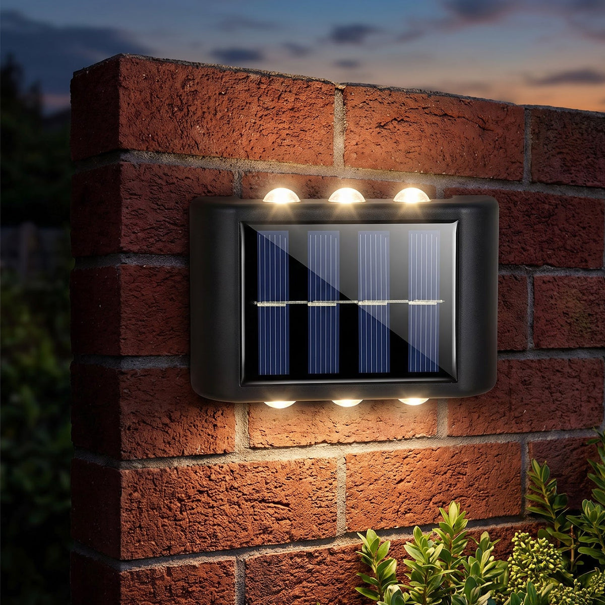 A black solar-powered LED wall light illuminates a red brick wall and green plants at dusk.