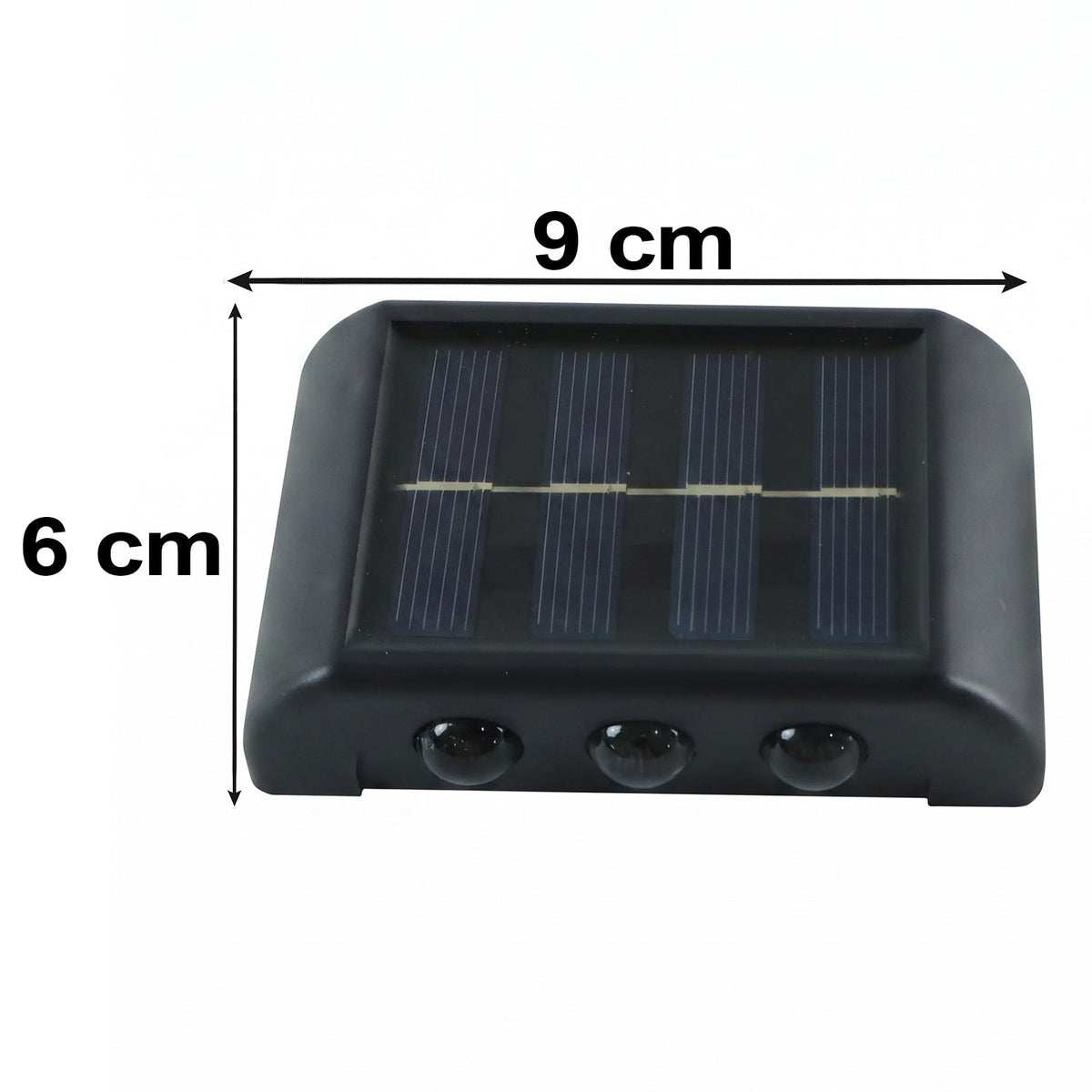 A black solar-powered LED wall light with dimensions of 9 cm width and 6 cm height displayed on a white background.