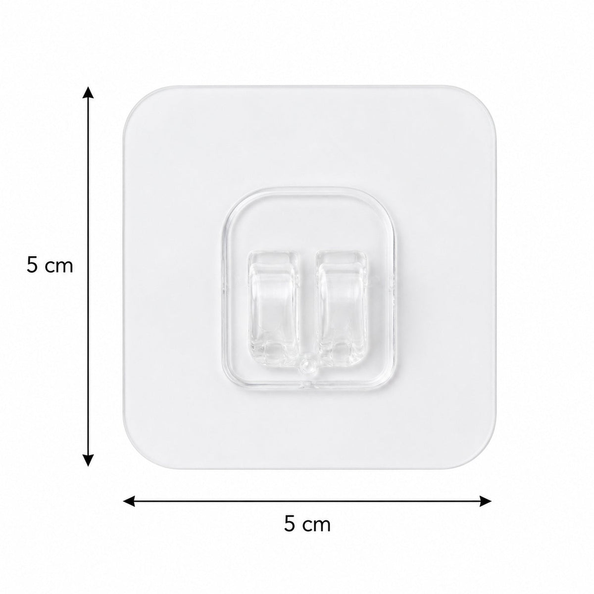 A single clear square adhesive hook with twin prongs, showing its dimensions of 5 cm by 5 cm on a white background.