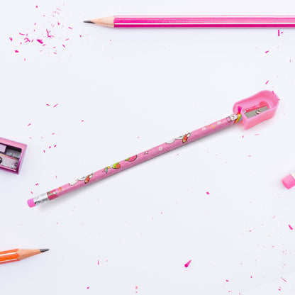 The 8-piece pink bunny themed stationery set contents, including diary and sharpener.