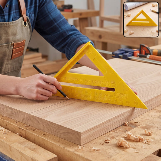 A person in a brown apron uses a yellow plastic speed square and pencil to mark a piece of light wood,