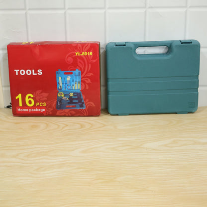 A red box labeled "TOOLS 16 PCS" sits next to a closed teal plastic toolbox on a light wood surface.