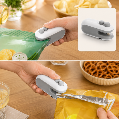 A person uses the white and grey bag sealer to seal a green bag of potato chips, with an inset showing the device alone.