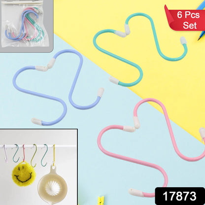 Three colorful plastic coated S hooks, blue, green, and pink, with a 6 Pcs Set label.