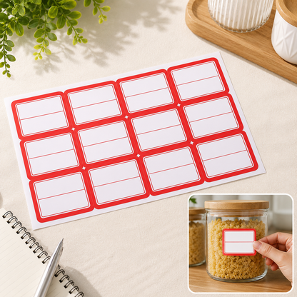 A sheet of 12 red-bordered white writable labels on a table with a plant and a glass jar in the background.