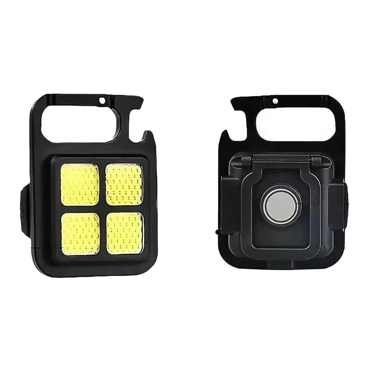 The black LED keychain light shown from both the front, displaying its four LED squares, and the back, revealing its