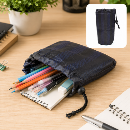 A navy blue drawstring pouch filled with colorful pencils, pens, and an eraser on a wooden desk. A smaller version of the