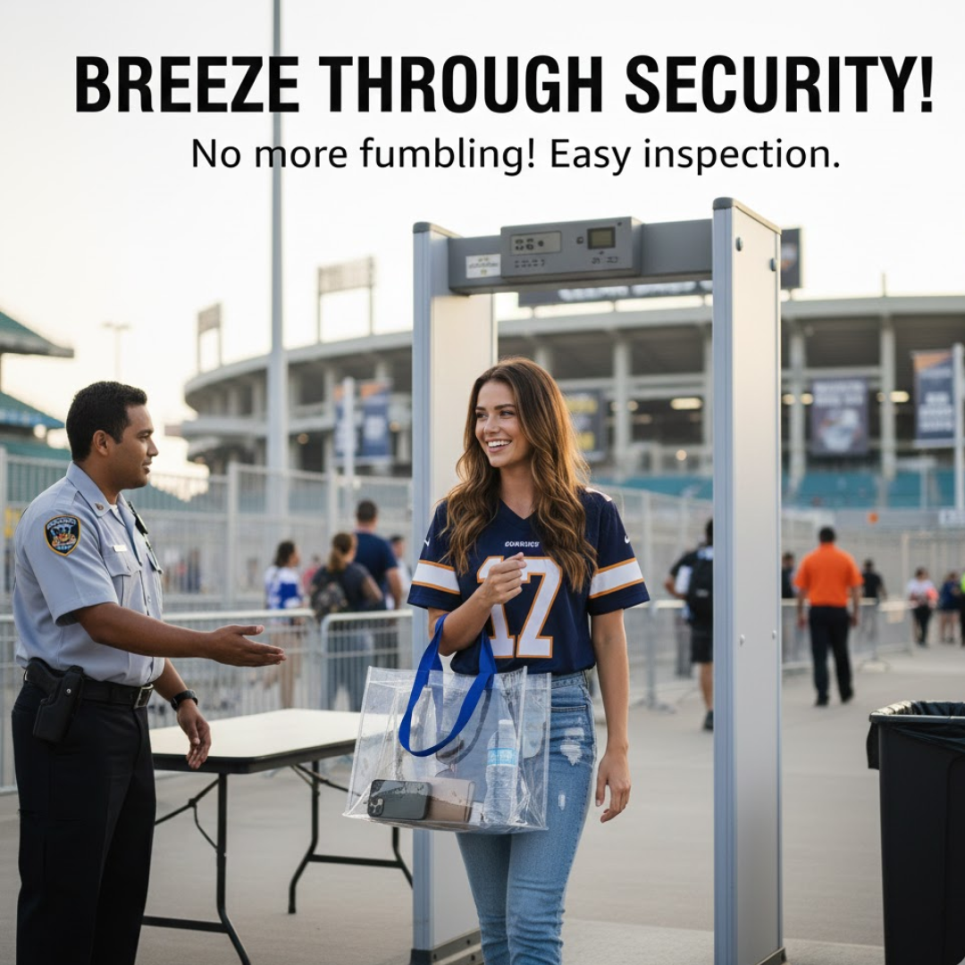 A smiling woman in a jersey walks through a security checkpoint, carrying a clear tote bag with blue handles.