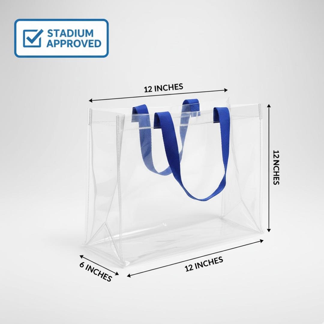 A clear PVC tote bag with blue handles is shown with dimensions: 12 inches wide, 12 inches high, and 6 inches deep.