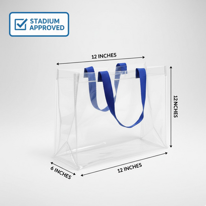 A clear PVC tote bag with blue handles is shown with dimensions: 12 inches wide, 12 inches high, and 6 inches deep.