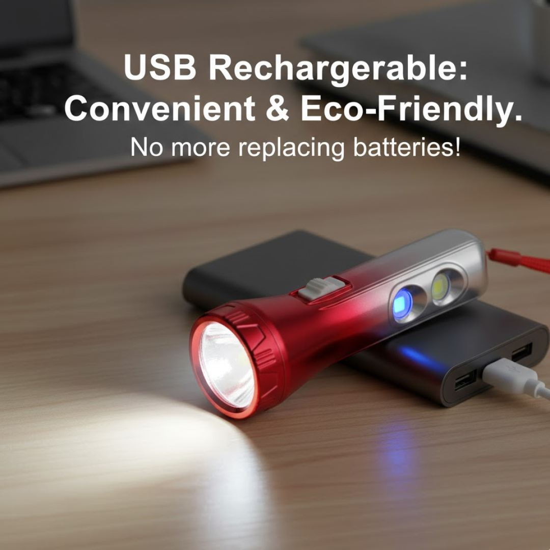 A red and silver torchlight with a blue charging indicator light is plugged into a power bank.
