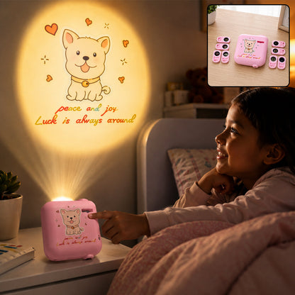 A child in bed smiles at a projected image of a cartoon puppy and text on a wall, next to a pink projector.