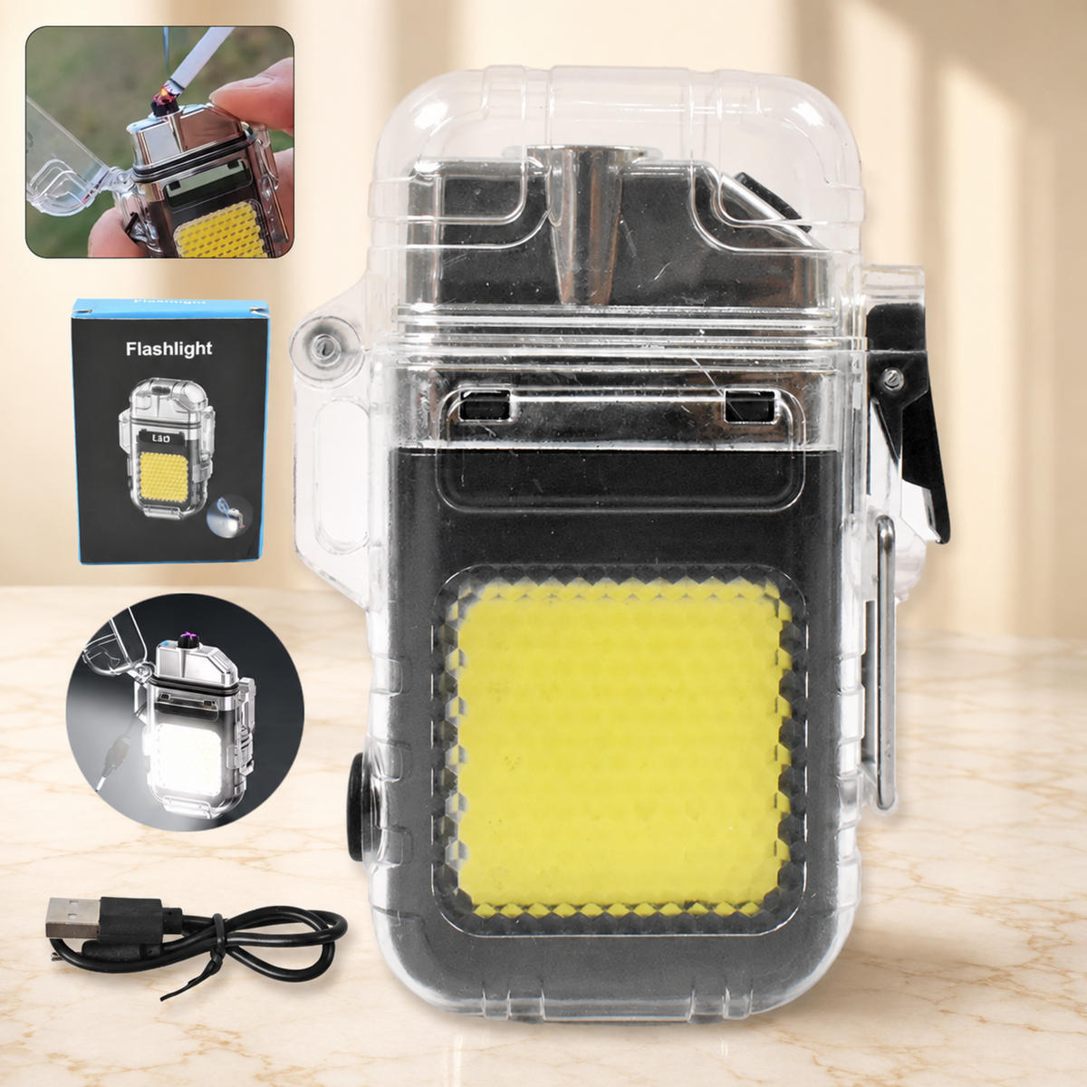 A clear waterproof electric lighter and flashlight with yellow COB light, shown with a USB cable and in-use in three inset