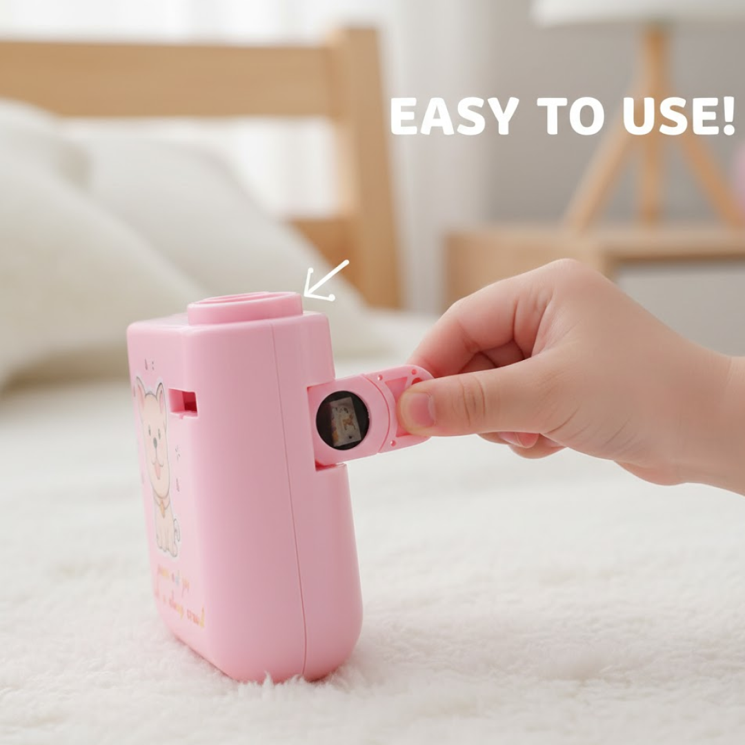 A child's hand inserts a pink slide cartridge into the side of the pink projector, resting on a white fluffy surface.