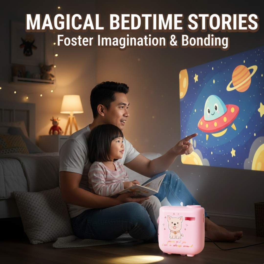 A father and child sit on the floor, looking at a projected image of a cartoon spaceship on the wall from the pink projector.