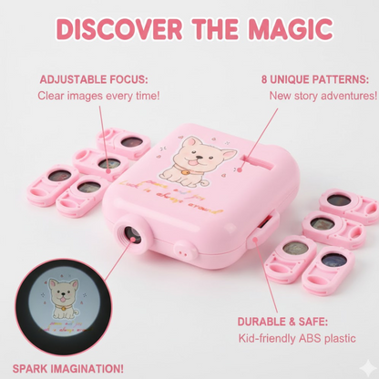 Pink puppy projector with six slide cartridges and text highlighting features like adjustable focus and durable plastic.