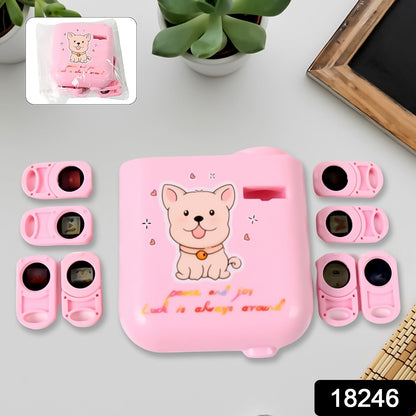 Top-down view of the pink puppy projector with six pink slide cartridges arranged around it on a white surface.