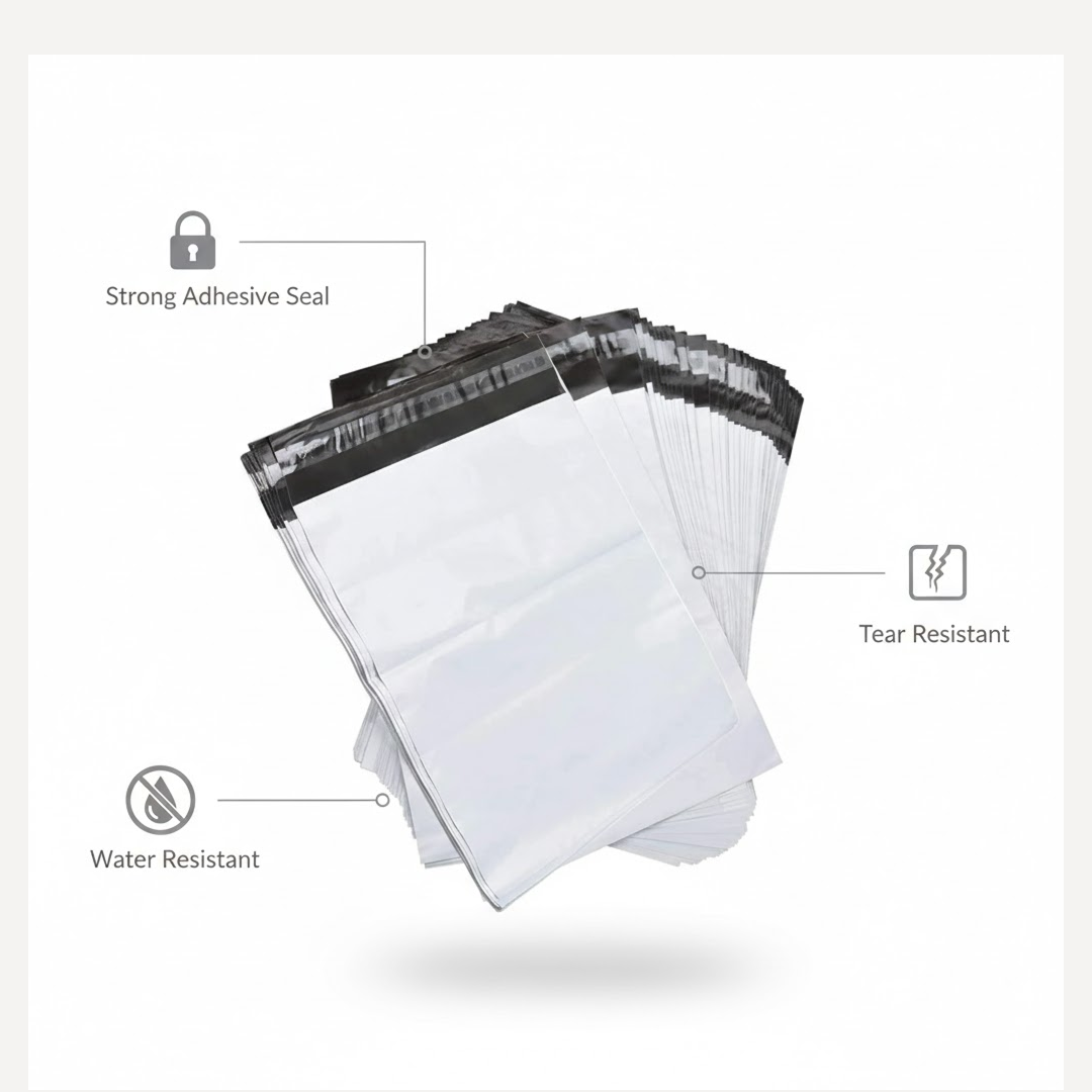 A fanned-out stack of white poly mailer bags with black seals, with icons indicating strong adhesive, tear resistant, and