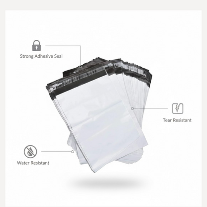 A fanned-out stack of white poly mailer bags with black seals, with icons indicating strong adhesive, tear resistant, and