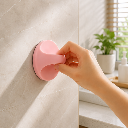 A hand pulls a pink self-adhesive handle attached to a light gray tiled wall in a bathroom setting.