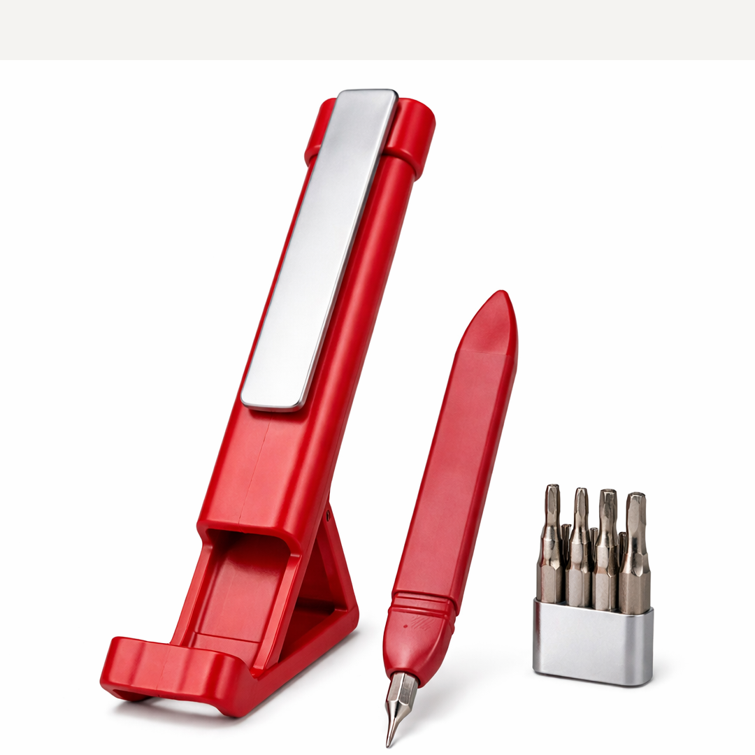 A red multi-function pen, phone holder, and a set of screwdriver bits are neatly arranged on a white background.