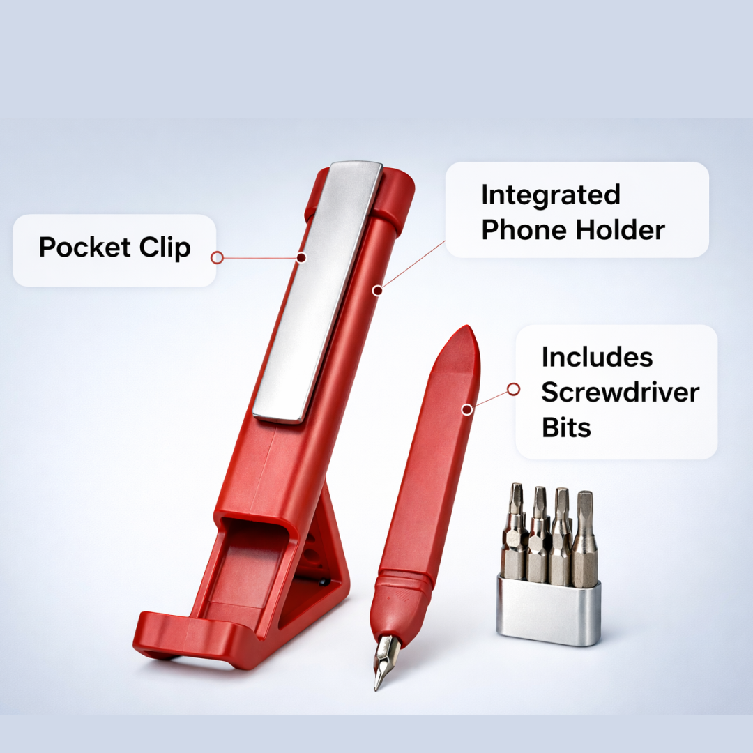 A red multi-function pen and phone holder are displayed with text labels indicating the pocket clip, integrated phone