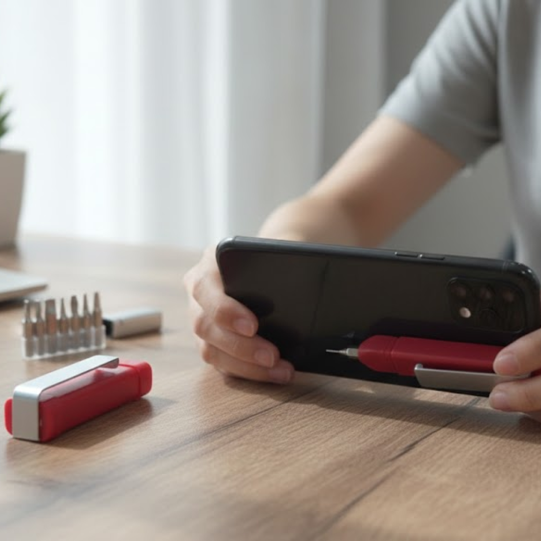 A person holds a black smartphone horizontally, with a red multi-function pen attached, while screwdriver bits are on the
