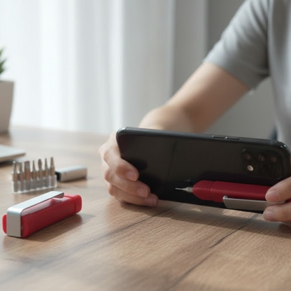 A person holds a black smartphone horizontally, with a red multi-function pen attached, while screwdriver bits are on the