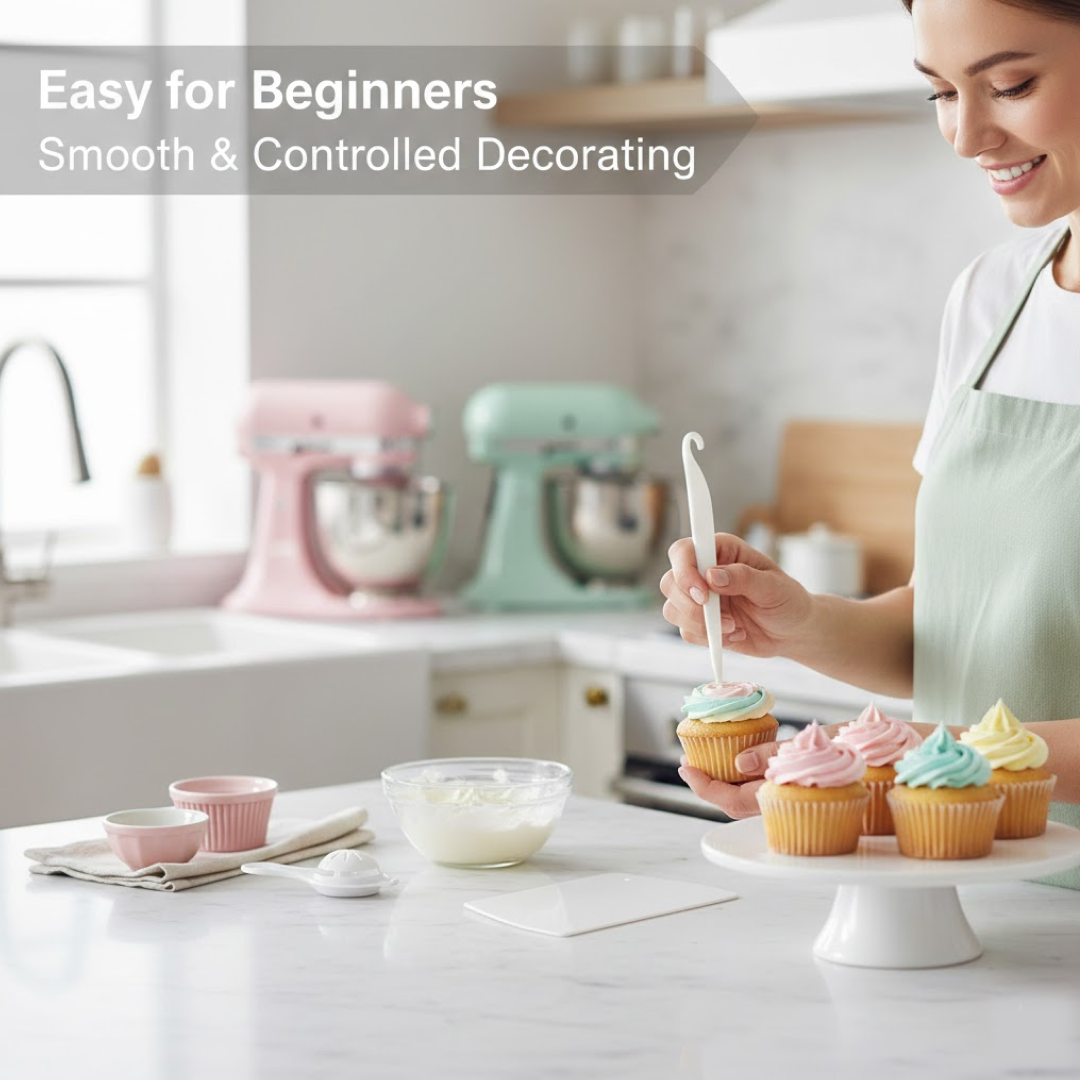 A smiling woman decorates cupcakes with frosting using a white curved tool, with two stand mixers in the background.