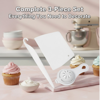 A white plastic scraper, a curved tool, and an egg separator are displayed among frosted cupcakes and a bowl of frosting.