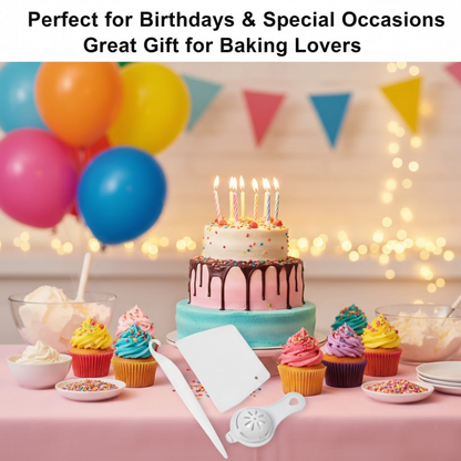 A birthday party scene with a tiered cake, cupcakes, balloons, and the three white plastic baking tools on a pink table.