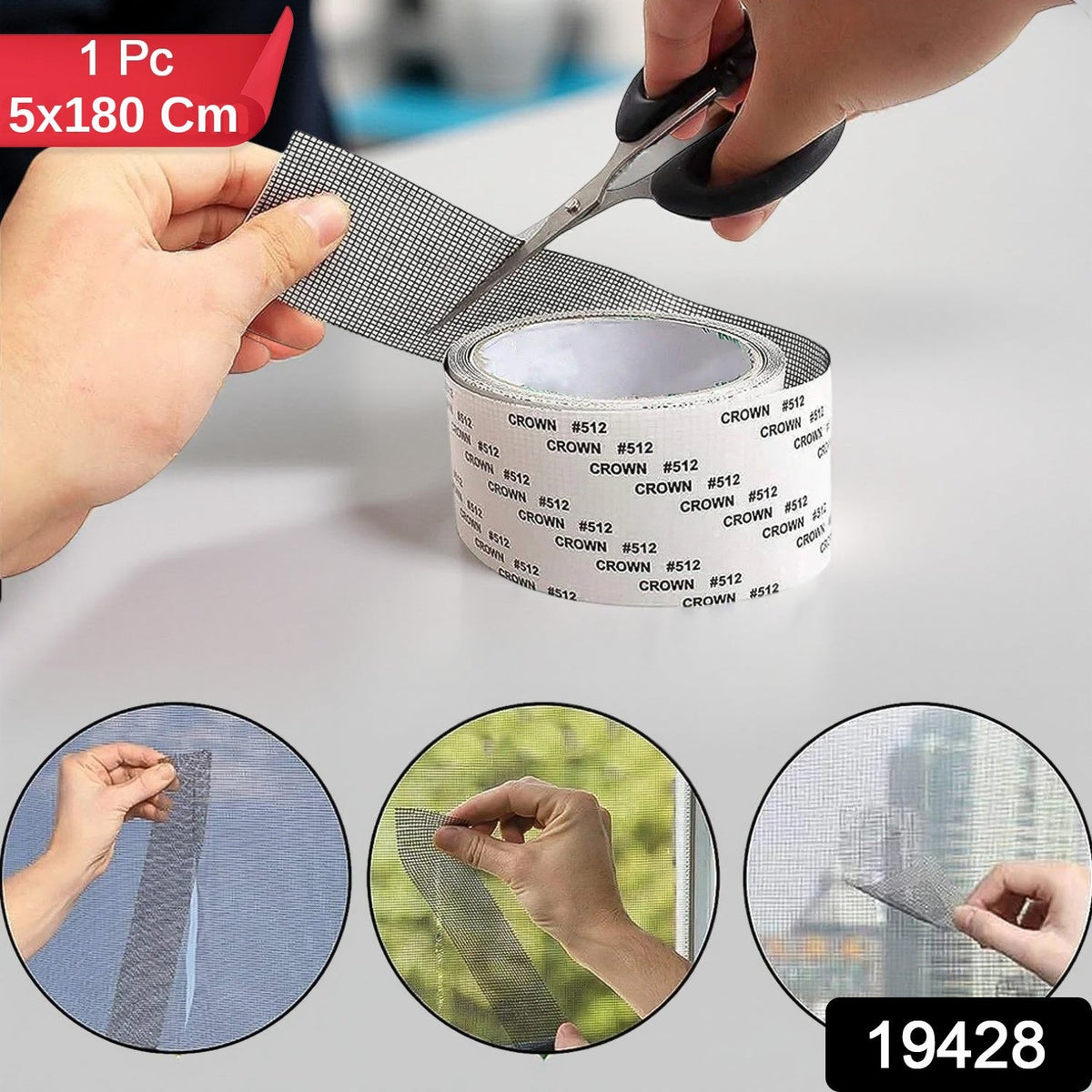 Hands cutting a roll of grey mesh repair tape with scissors, with three circular insets showing application, and text