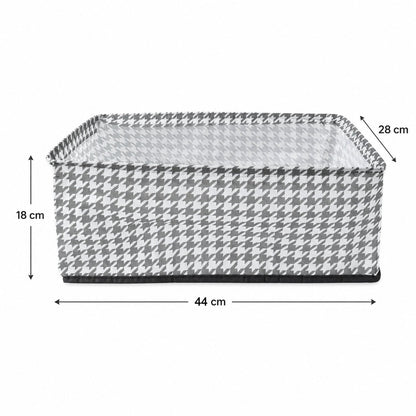 A gray and white houndstooth fabric basket is shown with dimensions of 44 cm length, 28 cm width, and 18 cm height.