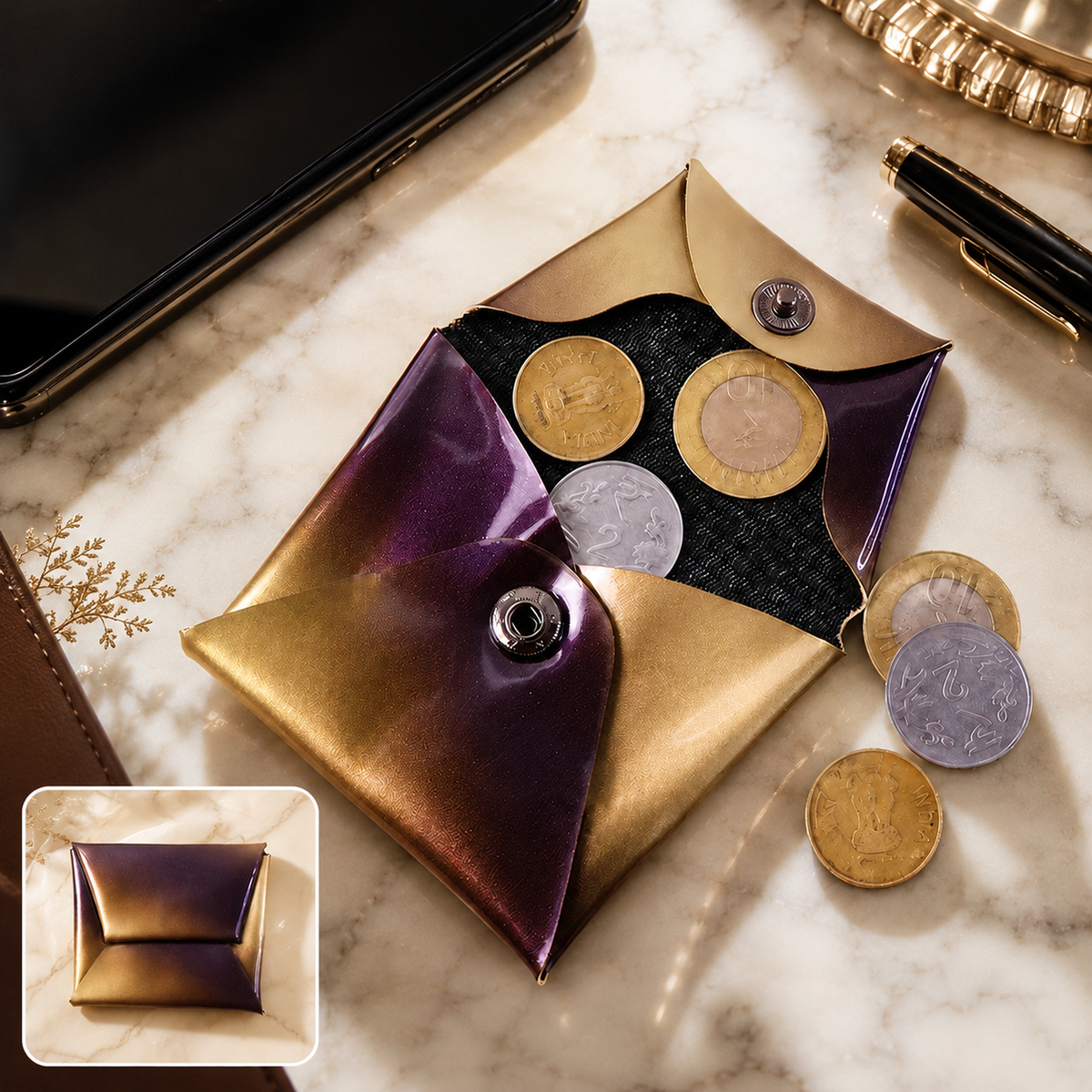 An open iridescent coin pouch with purple and gold hues holds several Indian coins on a marble surface.