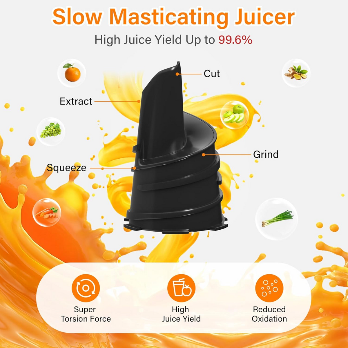 A black auger for a slow masticating juicer, with text describing its cutting, extracting, squeezing, and grinding functions.