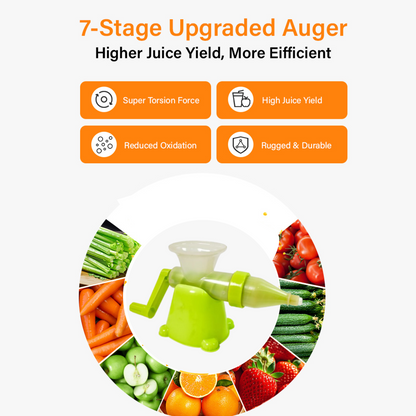 Diagram of a 7-stage upgraded auger with text highlighting its benefits like high juice yield and durability, surrounded by