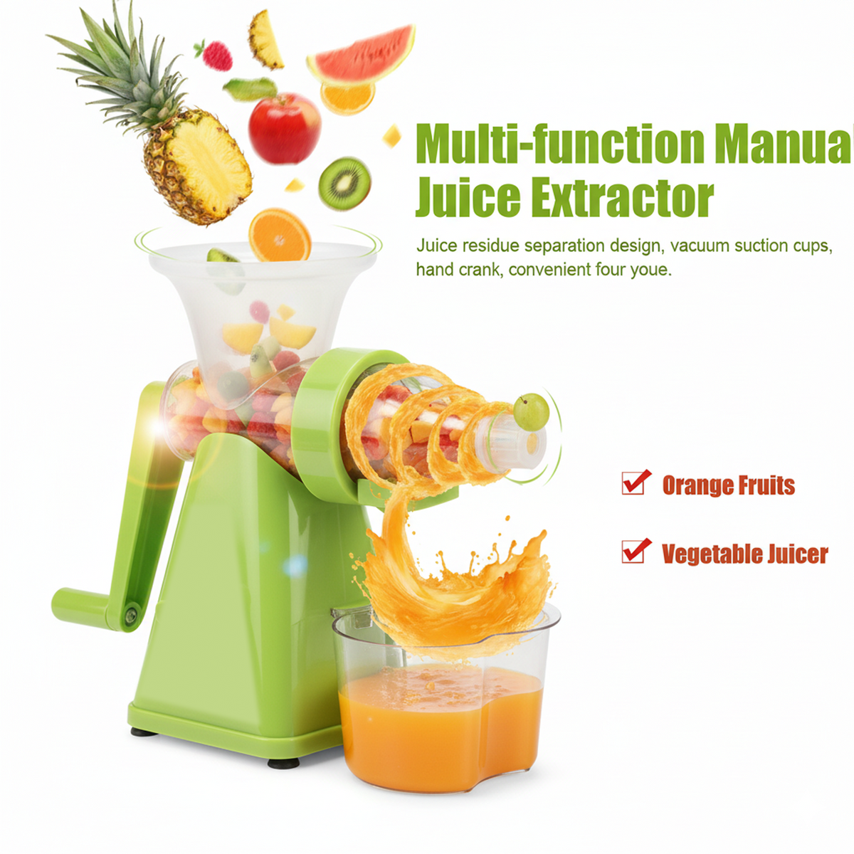 A green manual juice extractor with fruit falling into the hopper and juice splashing into a clear container below.
